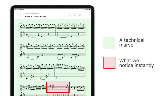 A mostly perfect score with a very incorrect measure highlighted in red