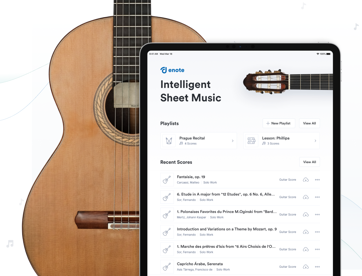 A composite image of and iPad and classical guitar, with the Enote app's homescreen displaying guitar repertoire