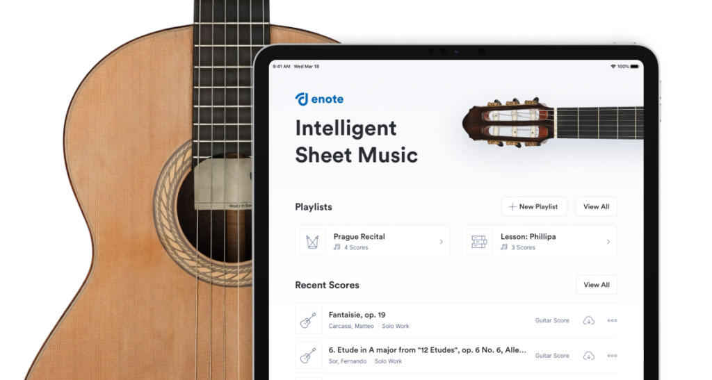 A composite image of and iPad and classical guitar, with the Enote app's homescreen displaying guitar repertoire