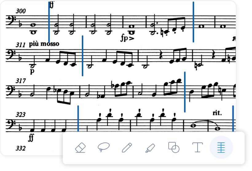 A print edition score that has been clearly annotated with colored bar lines using the Enote bar line tool