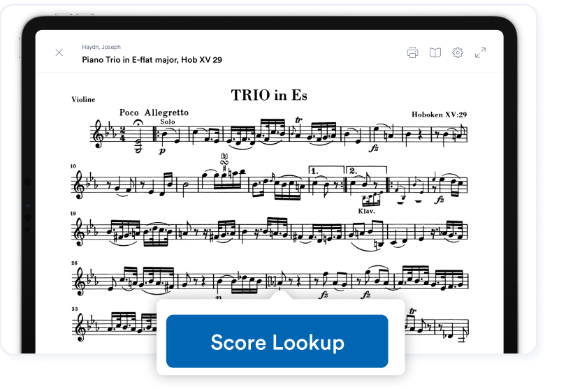 A partial view Enote on an iPad with a button that reads "Score Lookup" over the top of the screen