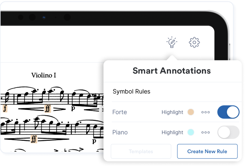 A partial view of the Enote app on an iPad with the smart annotations menu open in the top-right of the screen