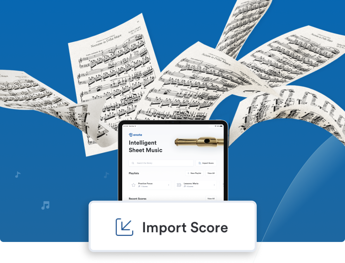 An iPad showing the Enote App with paper sheet music flying into it, pictured behind a button that says Import Score